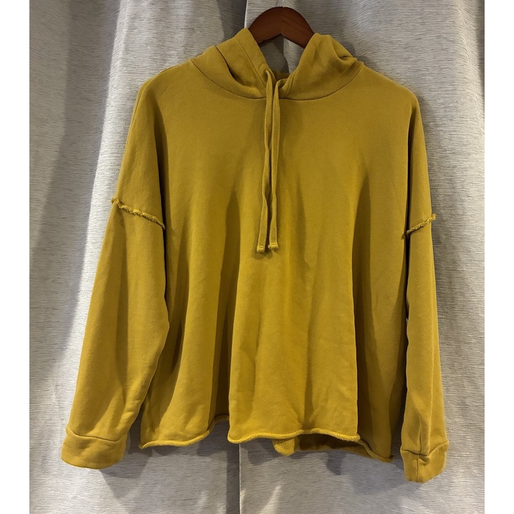 Eileen Fisher Hoodie Sweatshirt Womens Medium Yellow Boxy Raw Hem French Terry